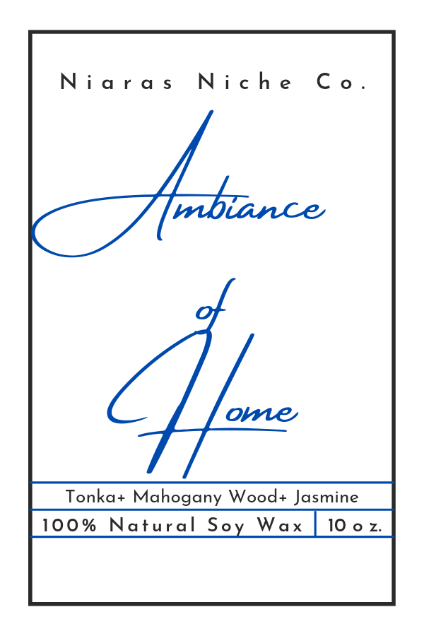 Niaras Niche Co. Ambiance of Home 10oz soy wax candle with tonka, mahogany wood, and jasmine scents.