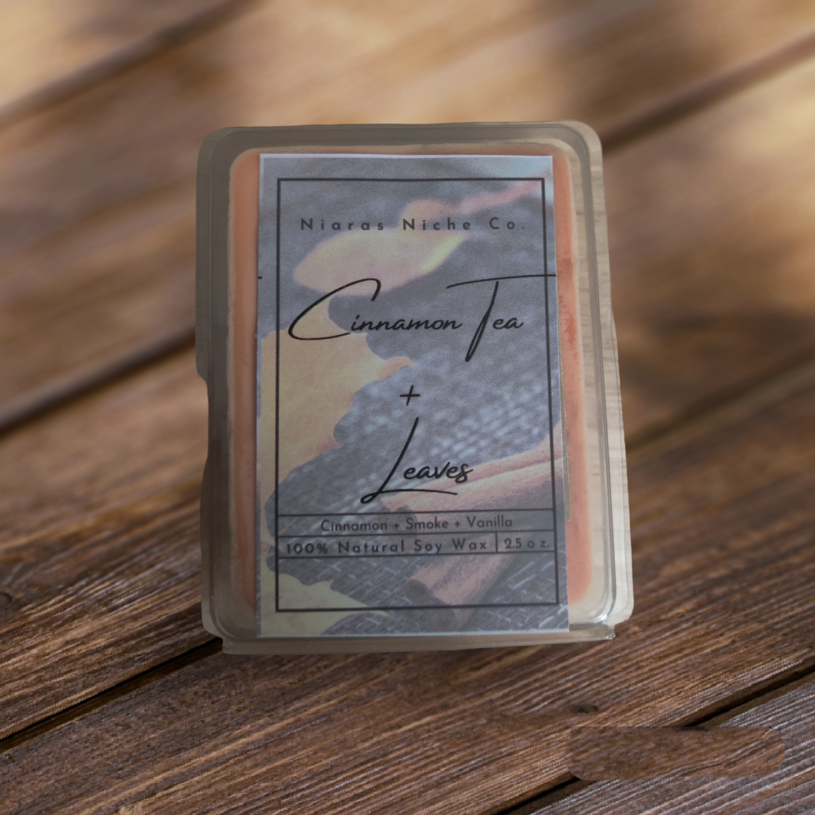 Cinnamon Tea + Leaves soy wax melt by Niaras Niche Co. 2.5oz, with cinnamon, smoke, and vanilla scents.