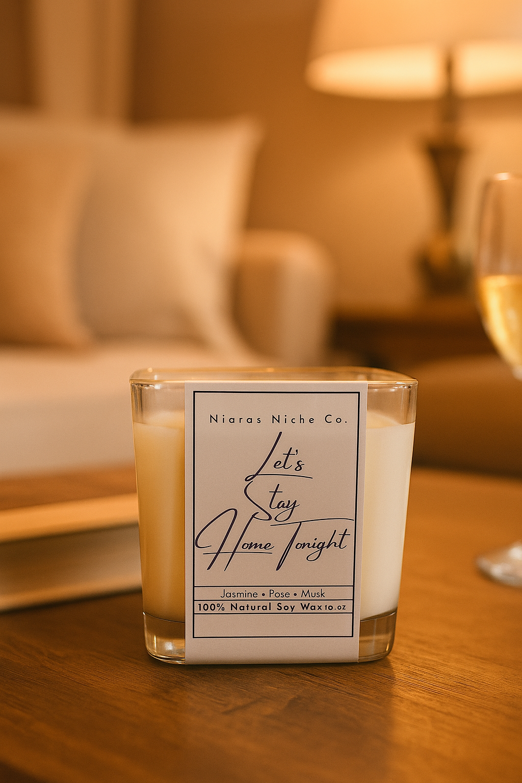 Niaras Niche Co. Let's Stay Home tonight-Jasmine Rose Musk Scented Candle - 35+ Hour Burn Time