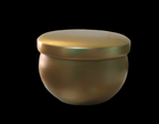 Elegant round gold cosmetic jar with a smooth finish, perfect for creams or balms, against a black background.