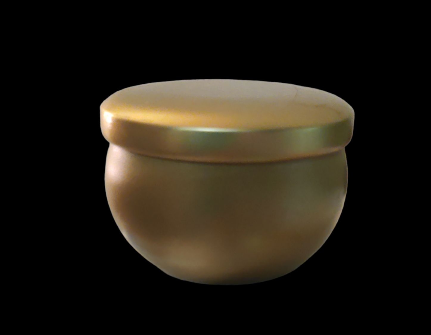 Elegant round gold cosmetic jar with a smooth finish, perfect for creams or balms, against a black background.
