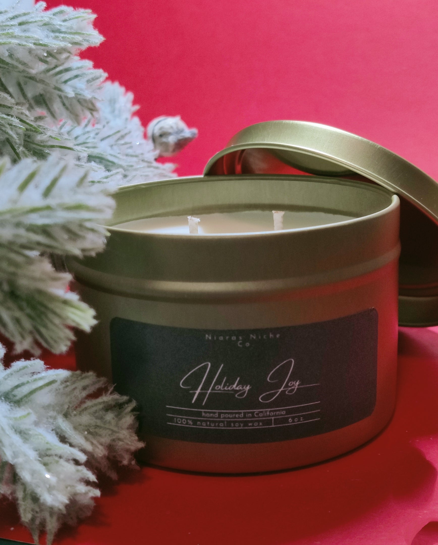 Holiday Joy candle in a gold tin, hand poured in California, made of 100% natural soy wax, 6 oz size.